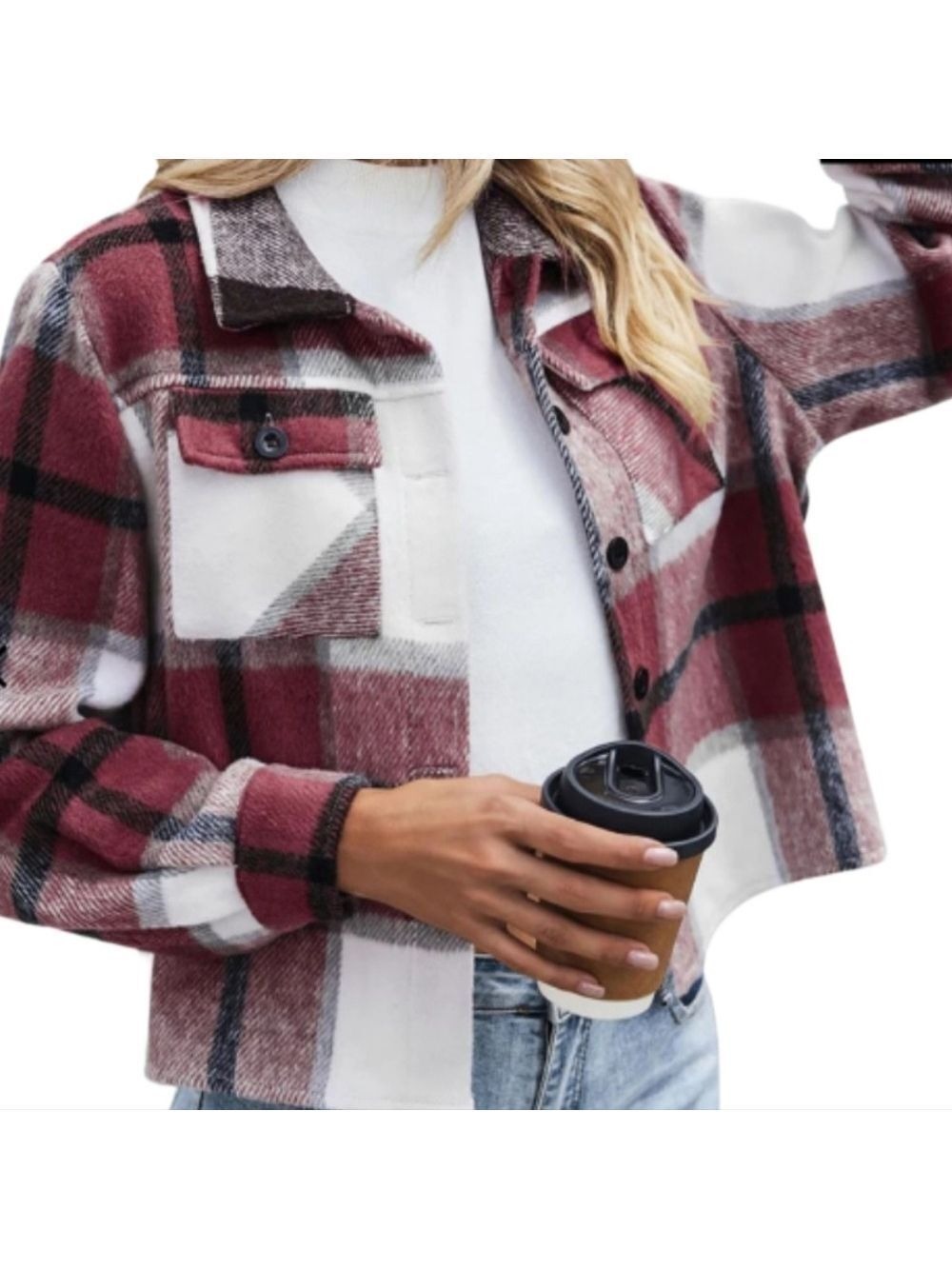 WOMEN'S PLAID SHACKET / JACKET BURGANDY, CREAM BLACK COZY LARGE NWT